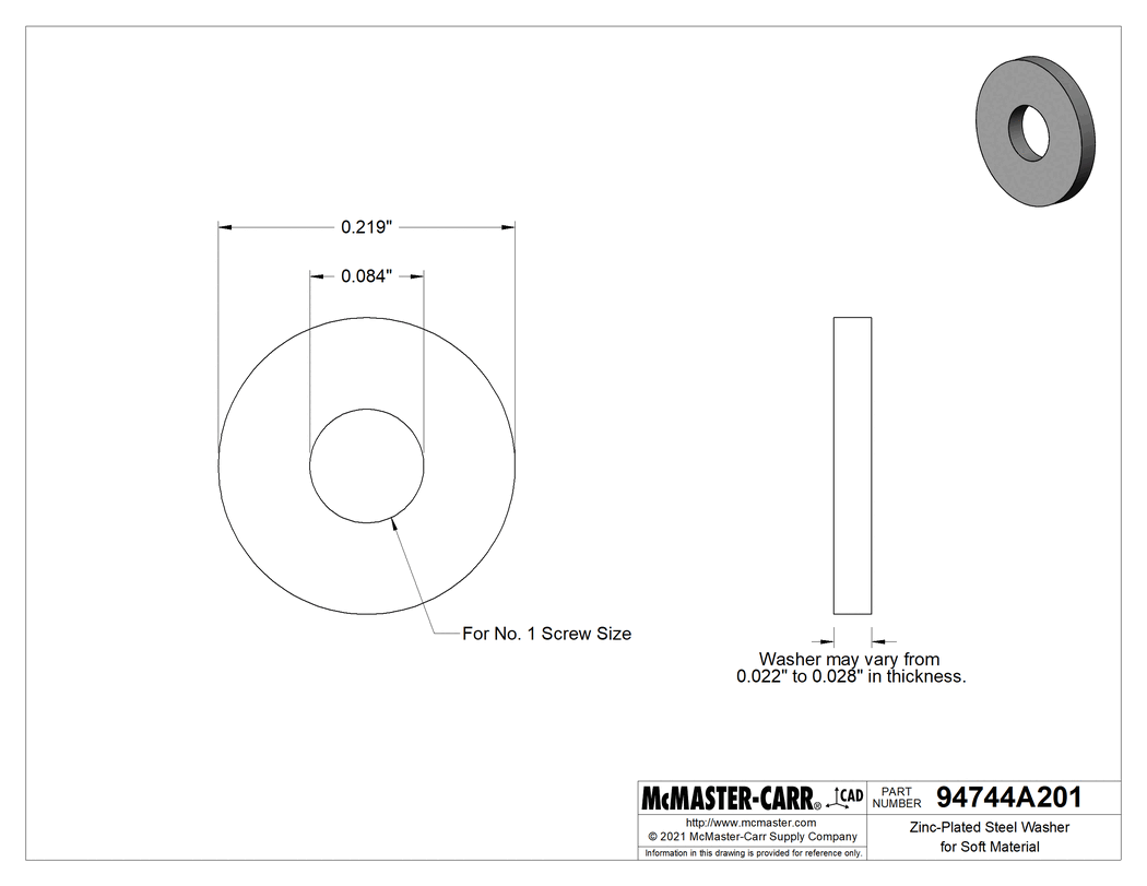 Technical Drawing of Zinc-Plated Steel ASME Washer, for Number 1 Screw Size, Regular ASME Designation.